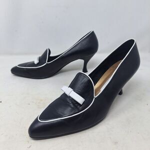 Amanda Smith Black White Leather Pointed Toe Heels Bow Minimalist Preppy Size 9